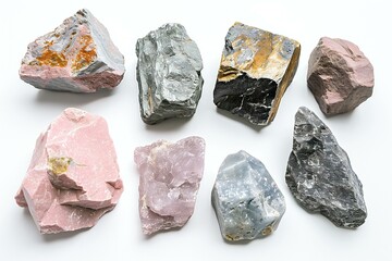 Collection of various minerals on white background,  each one is shot separately