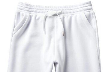 A pair of white shorts, highlighting the texture and details of the fabric. The shorts are plain in design, with a clean and minimalist look. Isolated on a Transparent Background PNG.