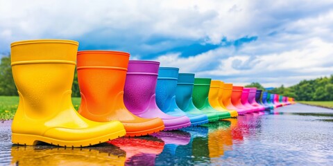 Vibrant rainbow-colored boots reflecting in water, symbolizing joy even on a rainy day. - obrazy, fototapety, plakaty