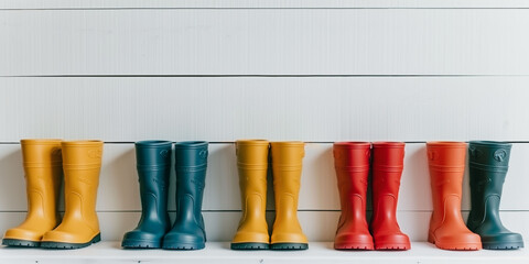 Row of rubber boots in solid colors lined against a white wall, ready for rainy day adventures. - obrazy, fototapety, plakaty