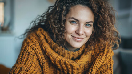 Young woman with curly hair and a cozy sweater. Warm tones composition.