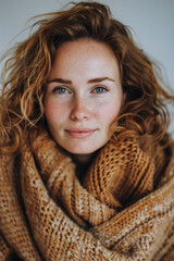 Young woman with curly hair and a cozy sweater. Warm tones composition.