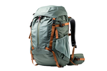 A green backpack with a brown strap. The backpack is ready for outdoor adventures or daily use. Isolated on a Transparent Background PNG.