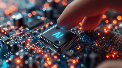 A closeup of the hand holding an integrated circuit chip with emitting blue text 