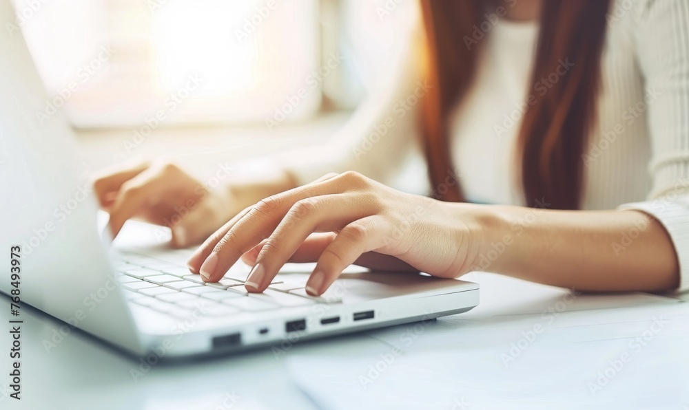 Fototapete Digital Age Productivity: Hands Swiftly Typing on a Laptop Keyboard in a Modern Work Environment, Generative AI