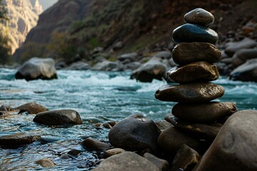 Stacked stones on the background of a mountain river in the mountains