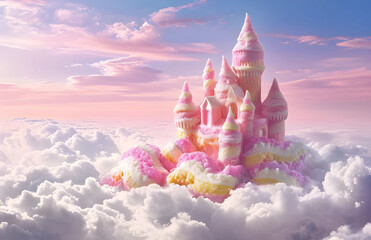 A castle made of pastel colored sweets in the clouds