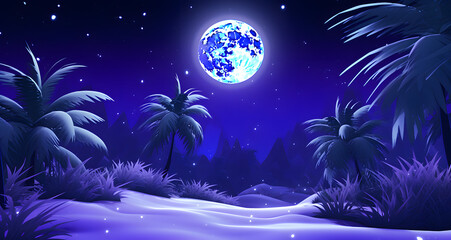 an animated scene with the moon setting behind palm trees - Powered by Adobe