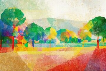 Colorful abstract background with trees and mountains,  Watercolor painting