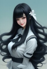 A Japanese anime cosplay girl with long black hair