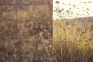 Grunge wall with dry grass and sunset in the background