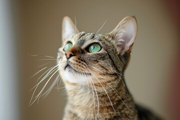 Portrait of a tabby cat with green eyes close-up