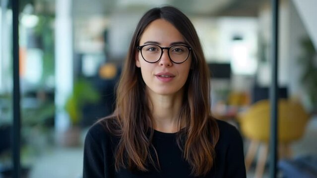 A professional woman with glasses is presenting or speaking directly to the camera in a well-lit, modern office setting