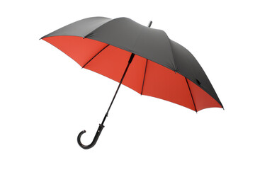A red and black umbrella with a black handle. The umbrellas canopy is vibrant red with black accents, and the handle is sleek and simple in black. Isolated on a Transparent Background PNG.