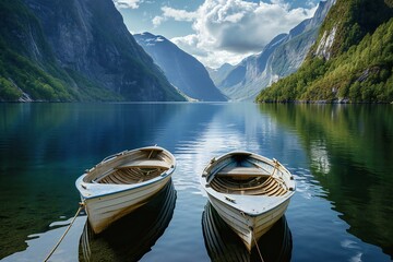 Two boats moored on the shore of a fjord in Norway - obrazy, fototapety, plakaty