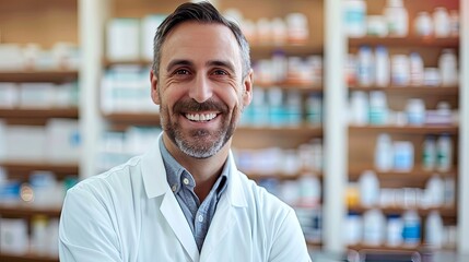 Smiling portrait of a handsome pharmacist A smiling woman pharmacist in a white coat helps a customer at the counter of a bright pharmacy - obrazy, fototapety, plakaty