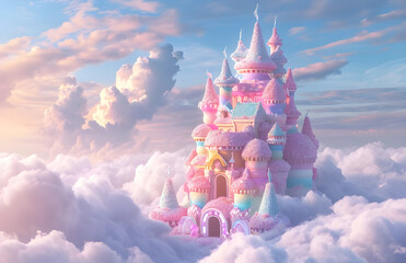 A castle made of pastel colored sweets in the clouds, negative space