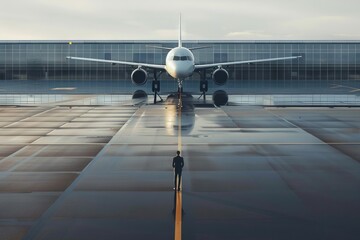 Private jet braced for takeoff at dawn on a glistening runway