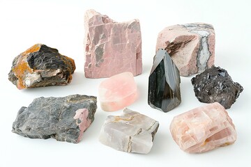 Variety of minerals on white background,  Collection of various minerals