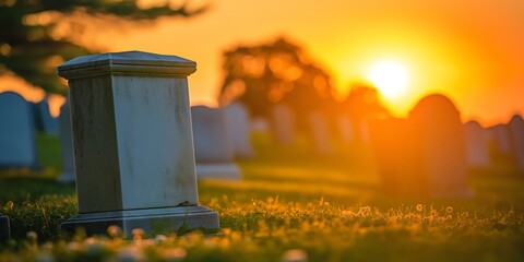 Sunlit tombstones at a cemetery during sunset, evoking peaceful finality. - obrazy, fototapety, plakaty