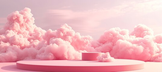 Pink podium in pink clouds, beauty advertising background