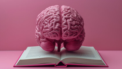 Side view of pink human brain lying on opened book on pink table on pink background. World Brain Day. Concept of memory, memorization, mental activity, reading - Powered by Adobe