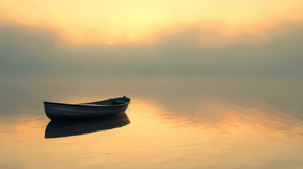 Calm and still waters reflect the soft light of dawn, as a single boat floats peacefully amidst the silence of a mist-covered lake