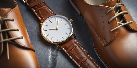 Elegant brown leather shoes and matching wristwatch on dark background. - obrazy, fototapety, plakaty