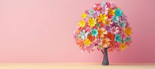 Artificial tree made of colorful paper flowers on pastel background, copy space