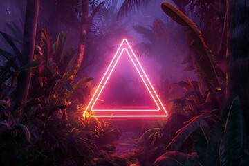 Glowing neon sign in the jungle with palm trees and plants