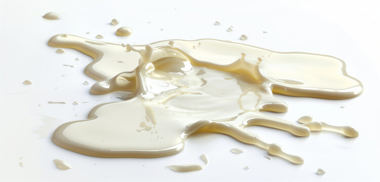 Isolated milk spills on a white backdrop, stock image.