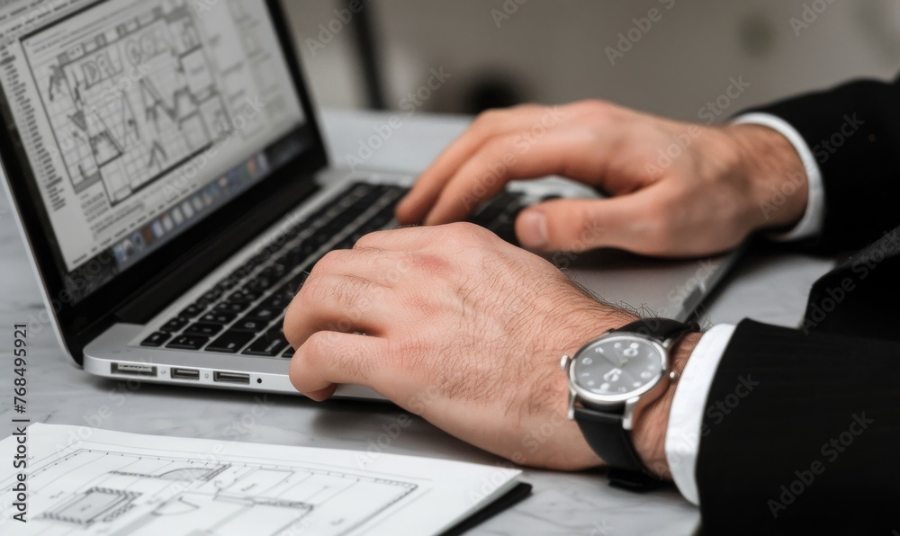 Poster Design in the Digital Age: An Architect Transforms Blueprints into Reality Using Advanced CAD Software on a Laptop, Generative AI