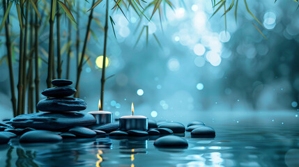 SPA massage black stones stack with aroma candles background, meditation relaxation scene illustration