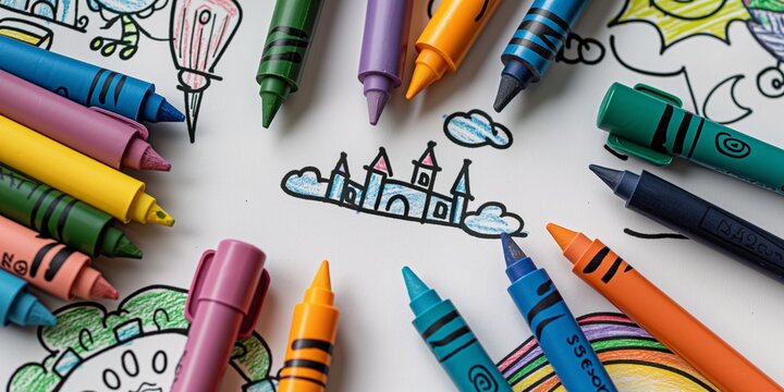 Crayons scattered around a coloring book with a castle drawing, depicting creativity and play.
