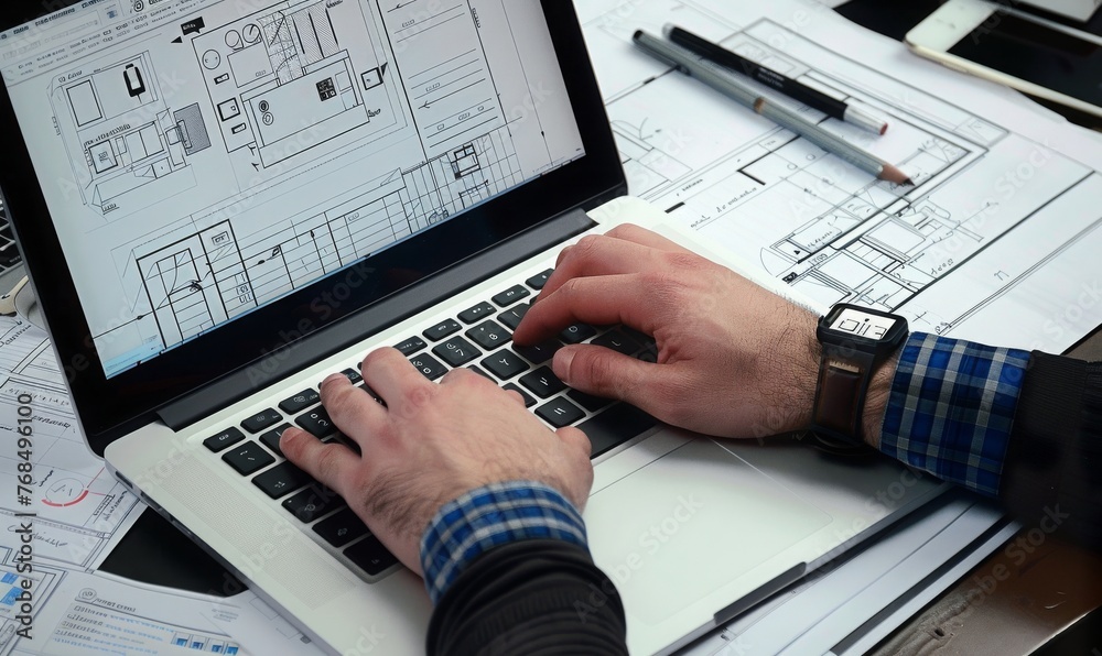 Poster Design in the Digital Age: An Architect Transforms Blueprints into Reality Using Advanced CAD Software on a Laptop, Generative AI