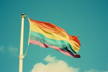 Gay pride flag waving in the wind against a blue sky with clouds