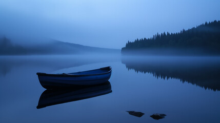 A serene, tranquil scene with a single boat floating on a calm lake surrounded by mist and forest