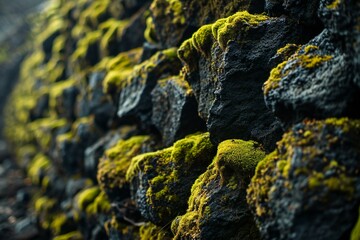 A close up shot of moss growing on a stone wall in Iceland - obrazy, fototapety, plakaty