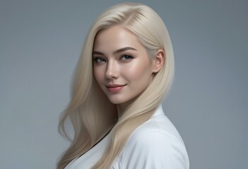 Portrait of a beautiful young blond woman with long hair,  Gray background
