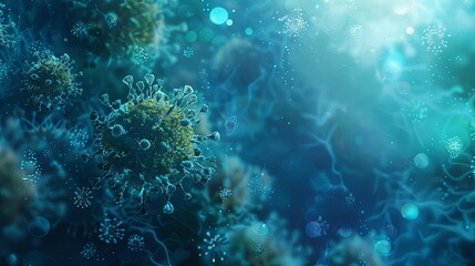 virus background . Virology medicine panorama long wide illustration - vaccination injection against corona virus, covid, flu, microscopic view of influenza virus cells,3d viruses texture science   - obrazy, fototapety, plakaty