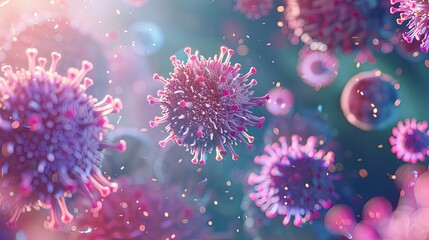 virus background . Virology medicine panorama long wide illustration - vaccination injection against corona virus, covid, flu, microscopic view of influenza virus cells,3d viruses texture science  