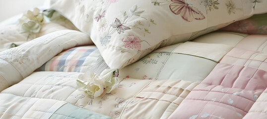 A beautiful blend of pastel patchwork fabrics, delicate butterfly and floral appliques