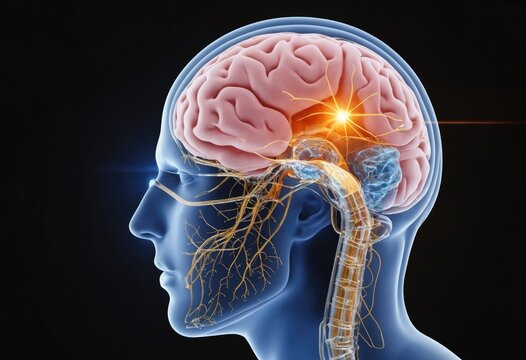 Concept of nervous system of human brain. MRI scan of hemispheres of brain. Nerve impulses in human head. Ai generation