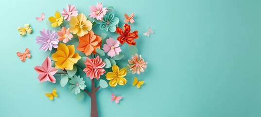 Artificial tree made of colorful paper flowers on pastel blue background