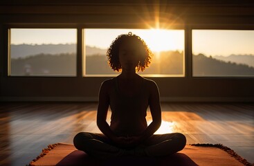 A woman is sitting in a yoga position in front of a window with morning sunrise light.