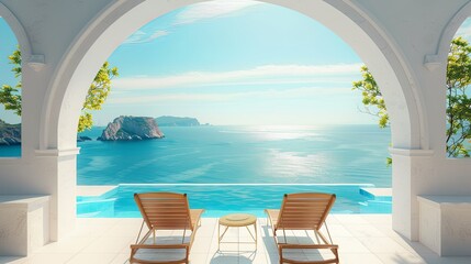 vacation, couple on the beach near swimming pool, luxury travel. Traditional mediterranean white architecture with arch sunshine. Summer vacation concept.Happy viewpoint and enjoys - obrazy, fototapety, plakaty