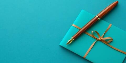 Wrapped journal with a golden pen, concept of personal writing and reflection. - obrazy, fototapety, plakaty