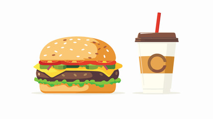 Burger and paper cup with a drink. symbol of fast food