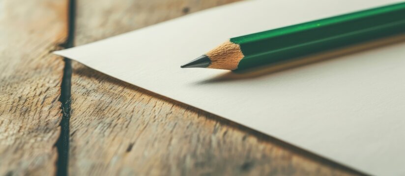 Empty wooden desk with copy space, holding a green pencil on a sheet of blank paper.