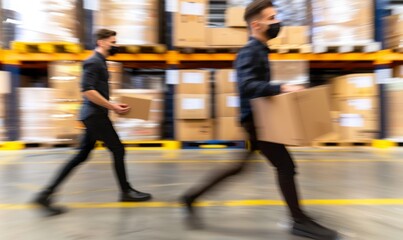 Fototapeta premium A Worker with black mask Moves Swiftly Through the Aisles of a Warehouse, a Blur of Efficiency and Purpose, Generative AI